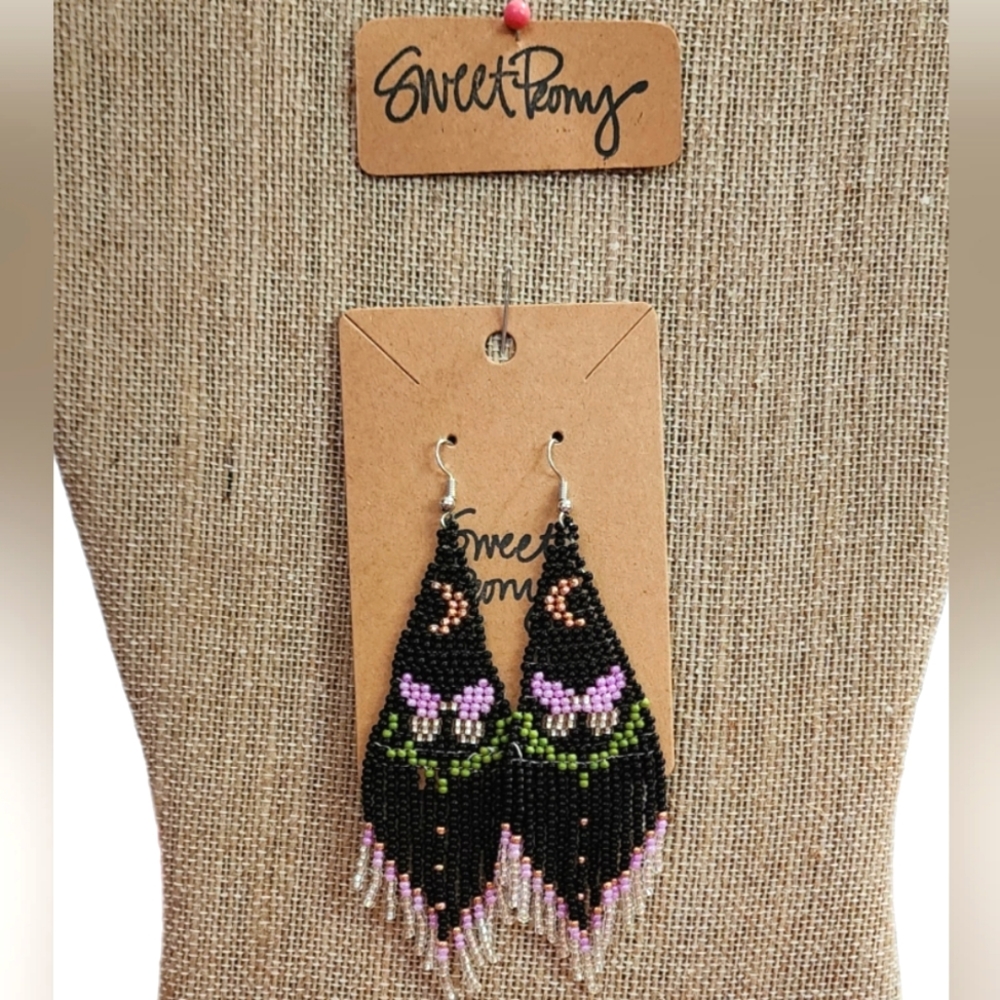 Delicate Beaded Tassel Butterfly Earrings Moon Black Lavender Pink